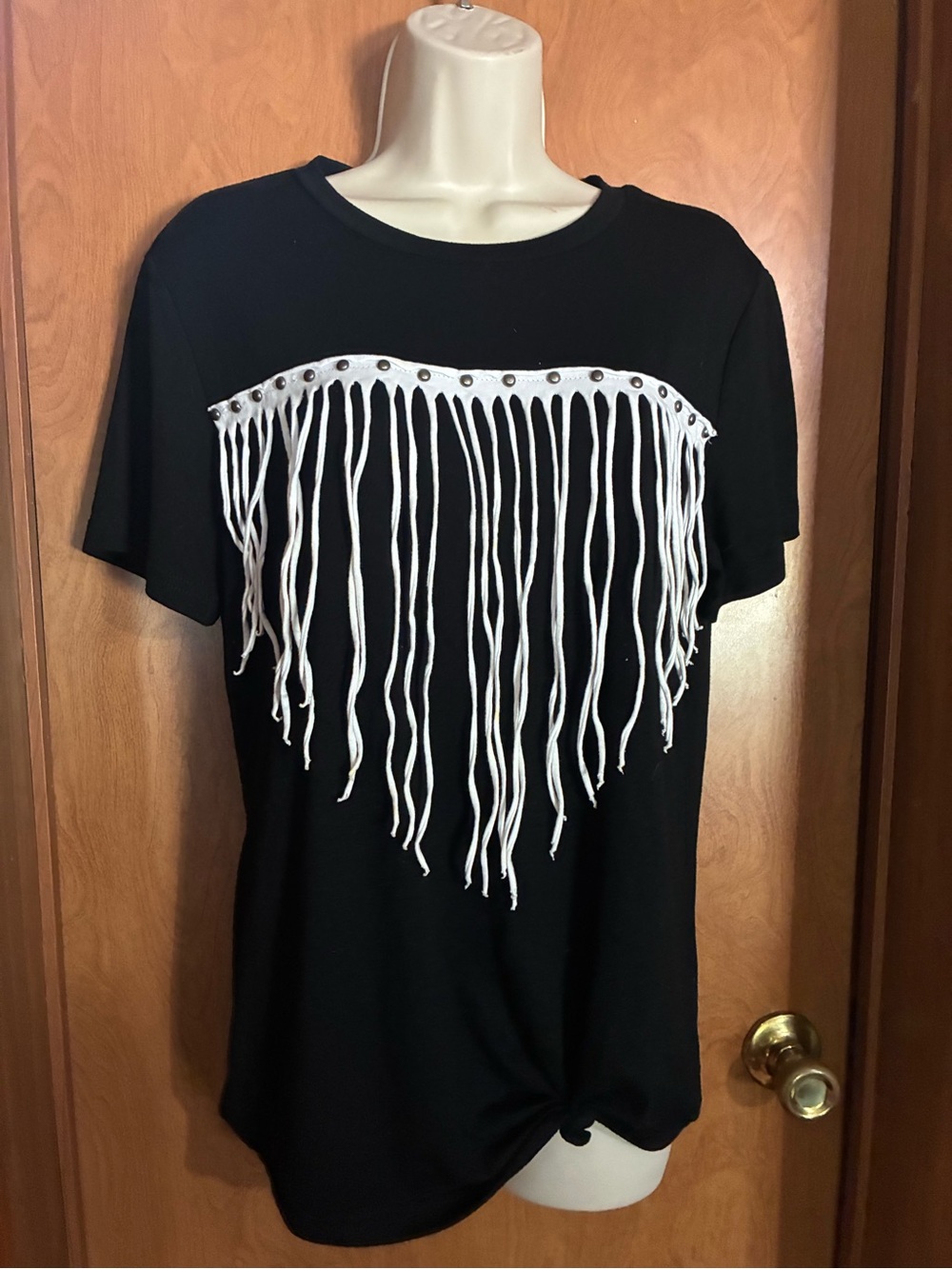 Crazy Train Black Women's Fringe Accent Tee - White Fringe Detail Small